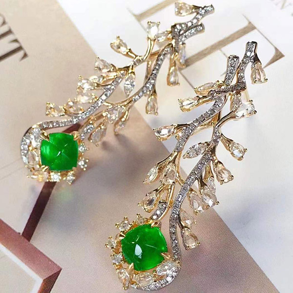 2克拉高品质糖塔祖母绿树枝耳坠，独一无二的设计款，高级珠宝艺术感