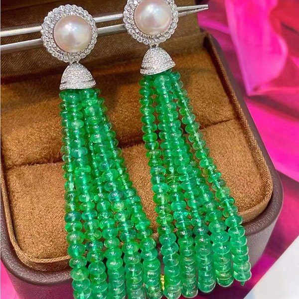 80克拉海水珍珠流苏祖母绿两用款耳环，精致美艳，艳绿干净