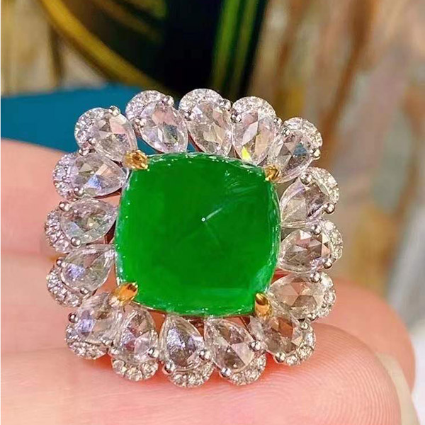 6克拉糖塔祖母绿18K金戒指，颜色浓郁，大钻围镶