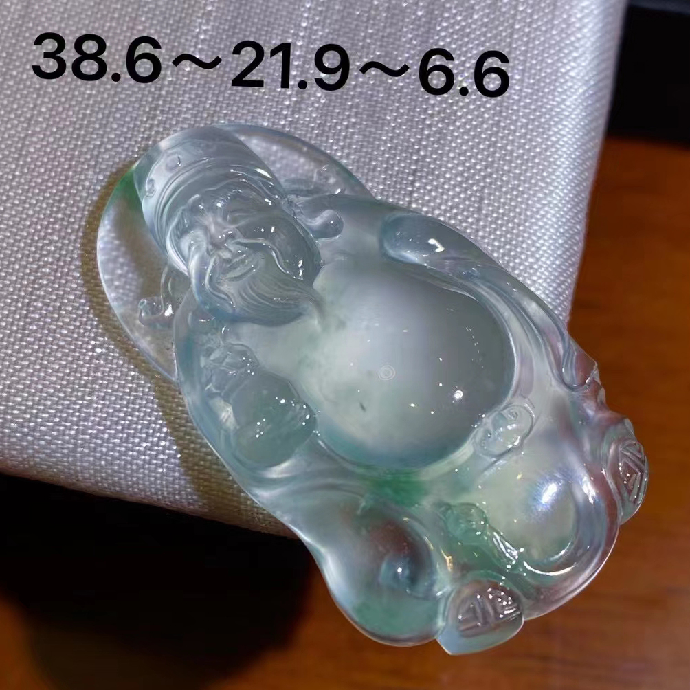 翡翠财神，玻璃种飘绿花翡翠，尺寸：38.6*21.9*6.6mm